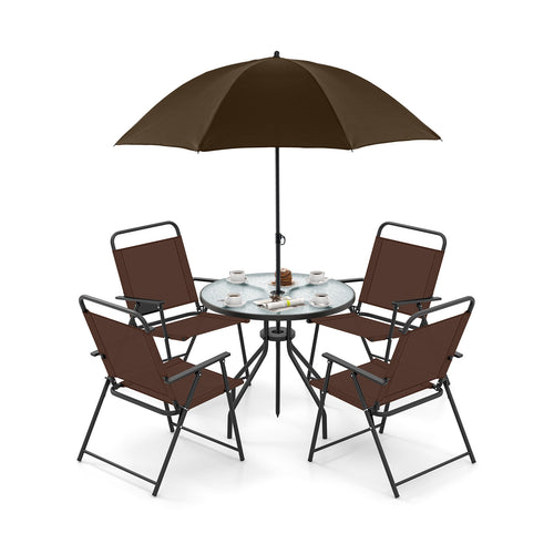 6 Pieces Patio Dining Set Folding Chairs Glass Table Tilt Umbrella for Garden, Coffee