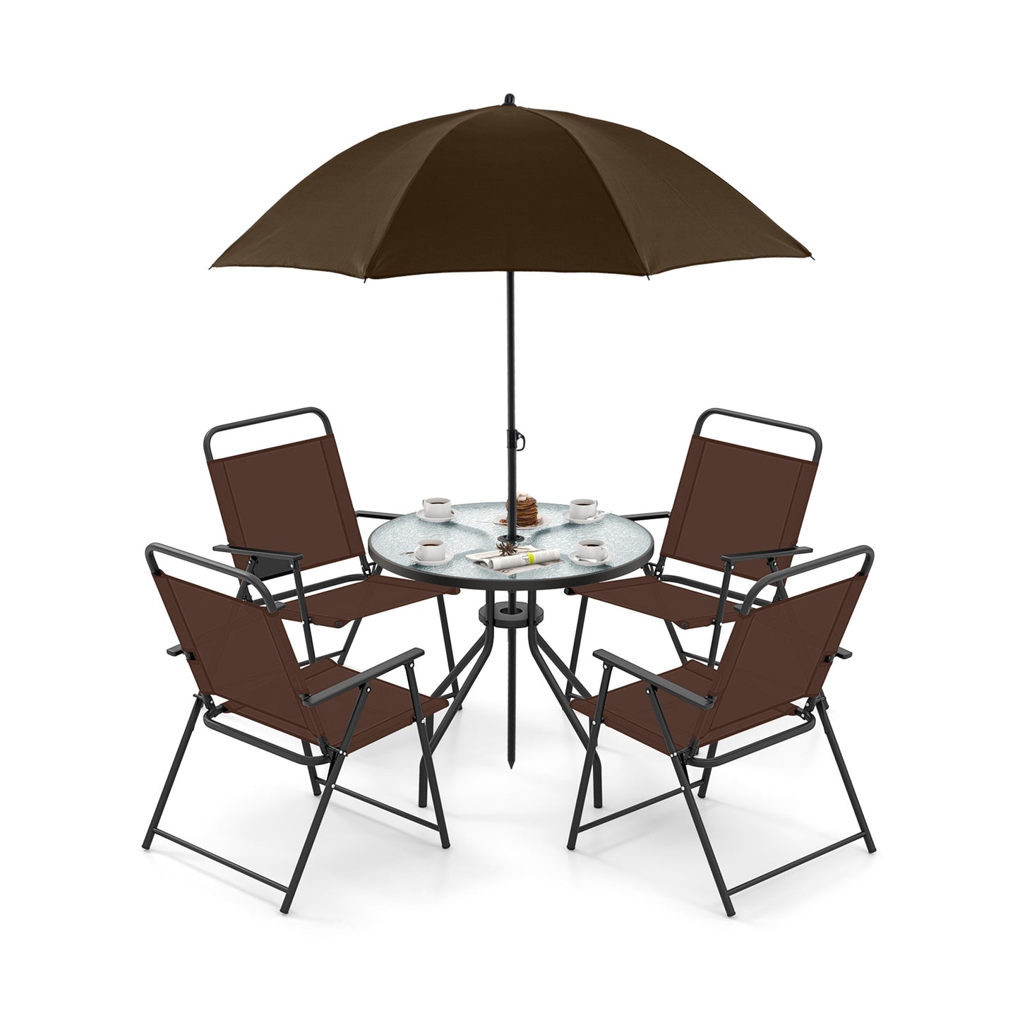 Ensemble de salle à manger de patio 6 pièces, chaises pliantes, table en verre, parasol inclinable
