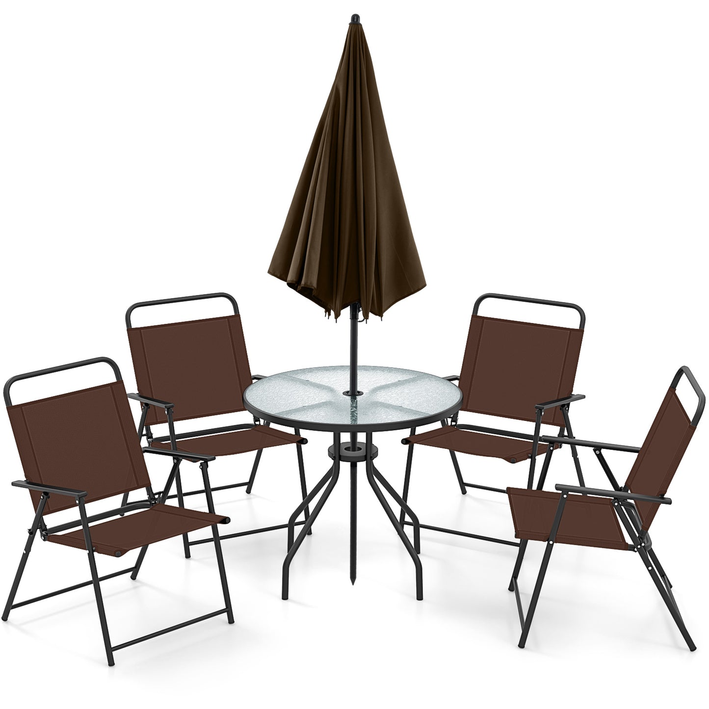 6 Pieces Patio Dining Set Folding Chairs Glass Table Tilt Umbrella for Garden, Coffee Patio Dining Sets at Gallery Canada