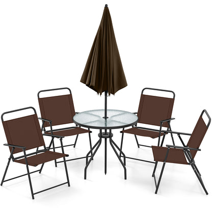 6 Pieces Patio Dining Set Folding Chairs Glass Table Tilt Umbrella for Garden, Coffee Patio Dining Sets at Gallery Canada