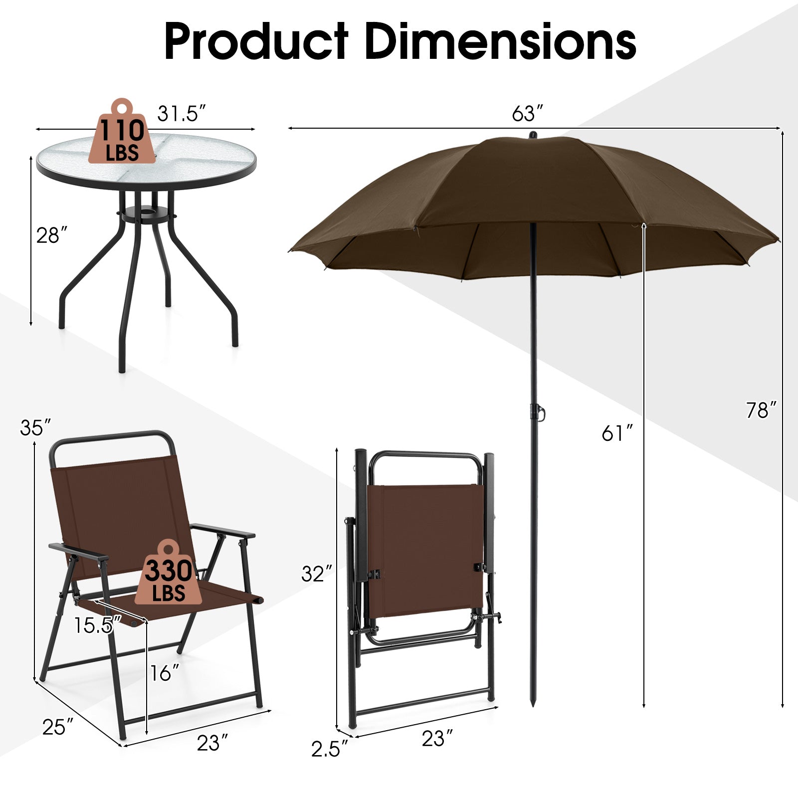 6 Pieces Patio Dining Set Folding Chairs Glass Table Tilt Umbrella for Garden, Coffee Patio Dining Sets at Gallery Canada