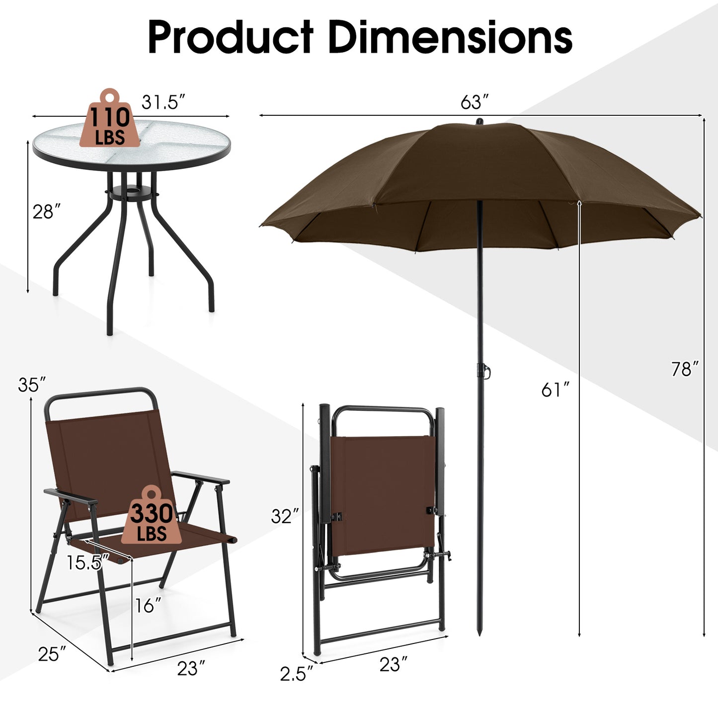 6 Pieces Patio Dining Set Folding Chairs Glass Table Tilt Umbrella for Garden, Coffee Patio Dining Sets at Gallery Canada