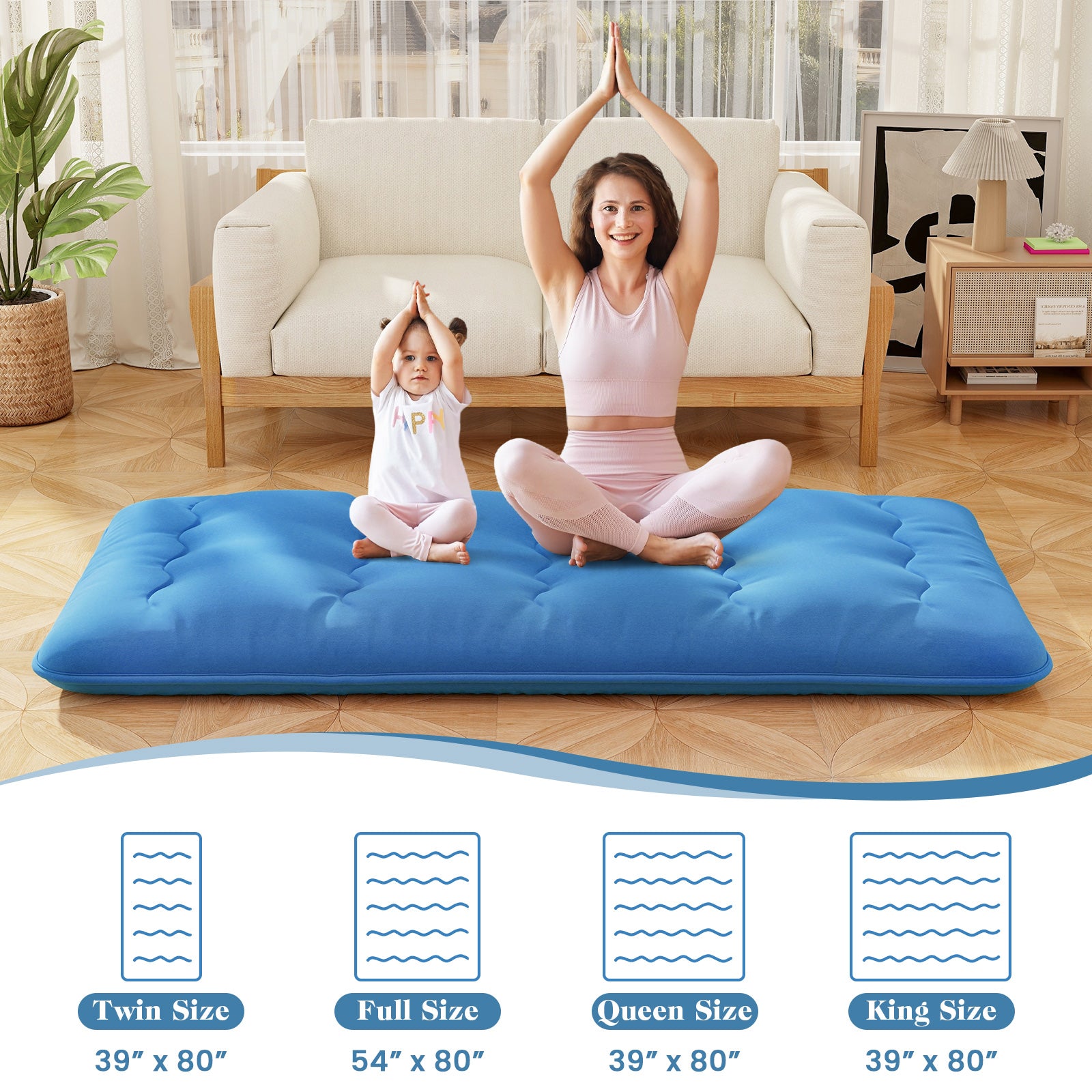 Foldable Futon Mattress with Washable Cover and Carry Bag for Camping Blue-Twin Size, Blue Mattresses at Gallery Canada
