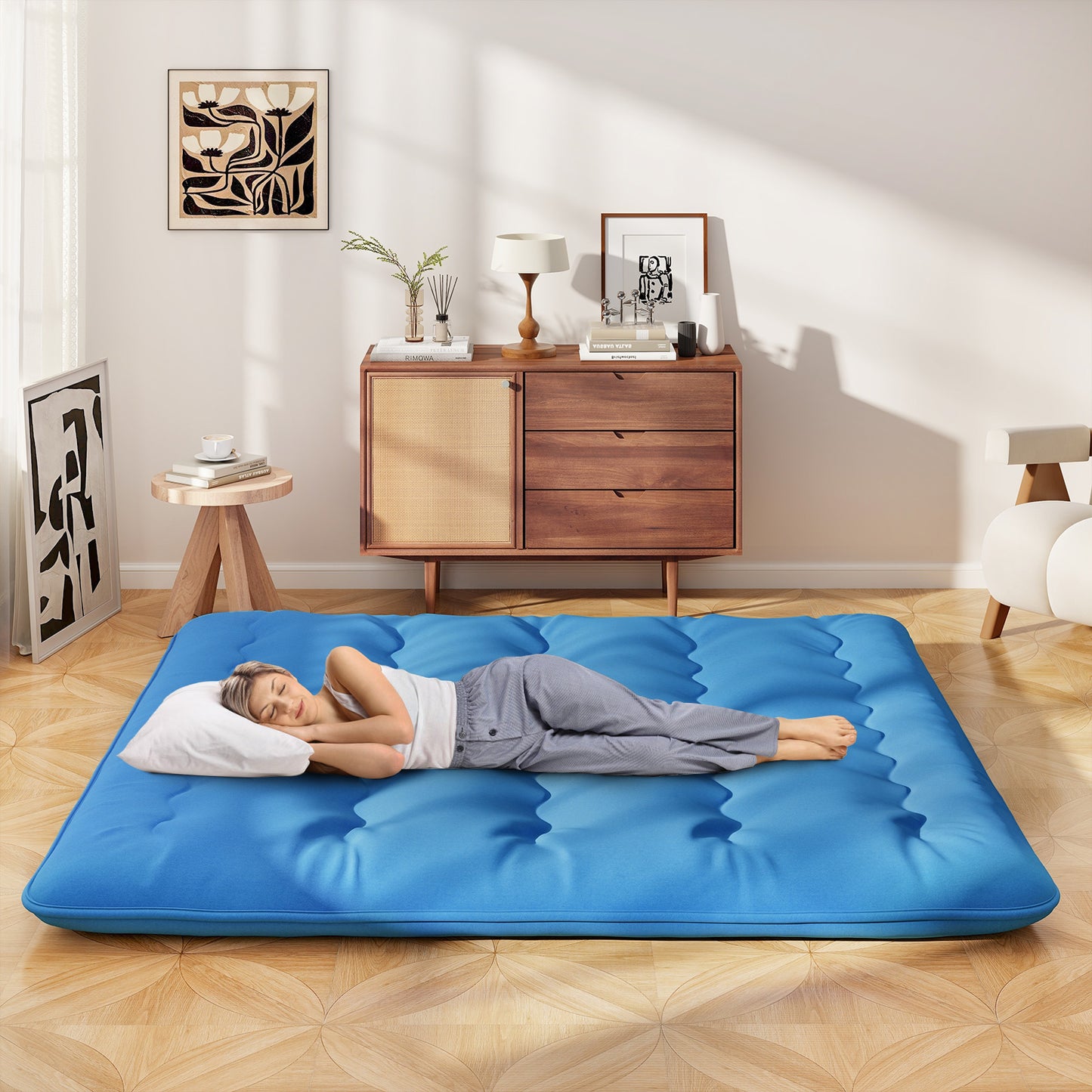 Foldable Futon Mattress with Washable Cover and Carry Bag for Camping Blue-King Size, Blue Mattresses at Gallery Canada