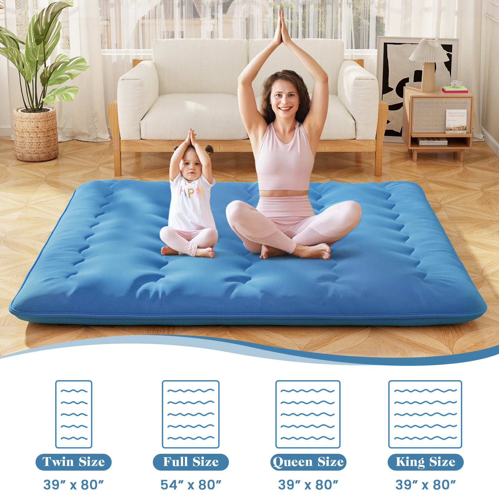 Foldable Futon Mattress with Washable Cover and Carry Bag for Camping Blue-King Size, Blue Mattresses at Gallery Canada