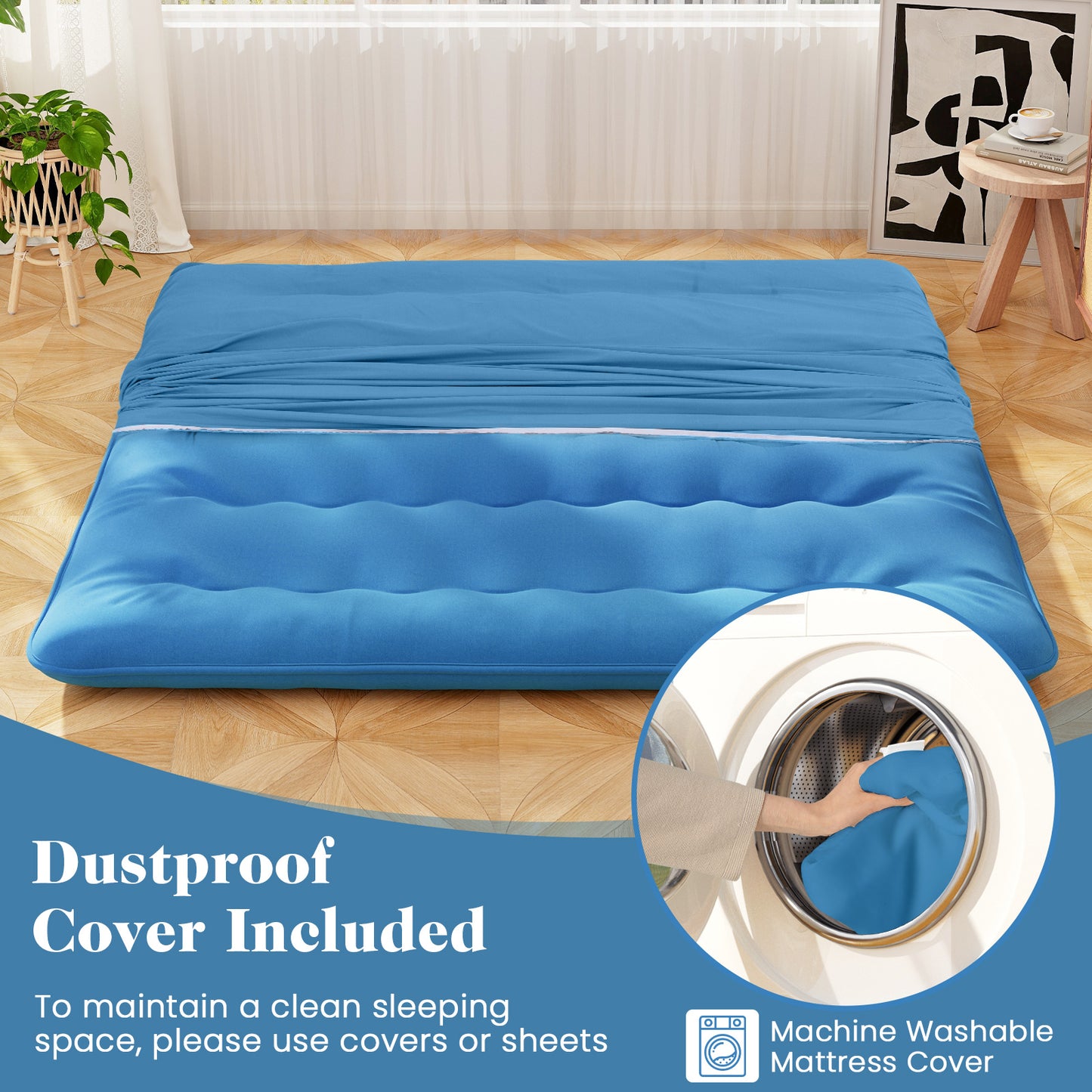 Foldable Futon Mattress with Washable Cover and Carry Bag for Camping Blue-King Size, Blue Mattresses at Gallery Canada