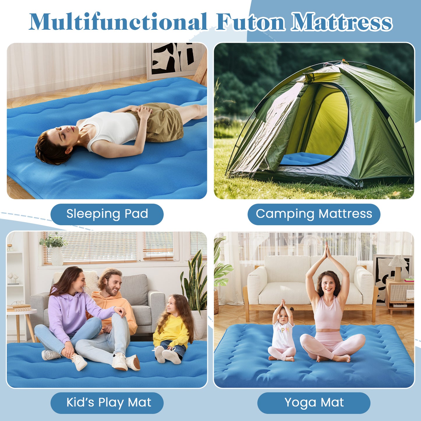 Foldable Futon Mattress with Washable Cover and Carry Bag for Camping Blue-King Size, Blue Mattresses at Gallery Canada