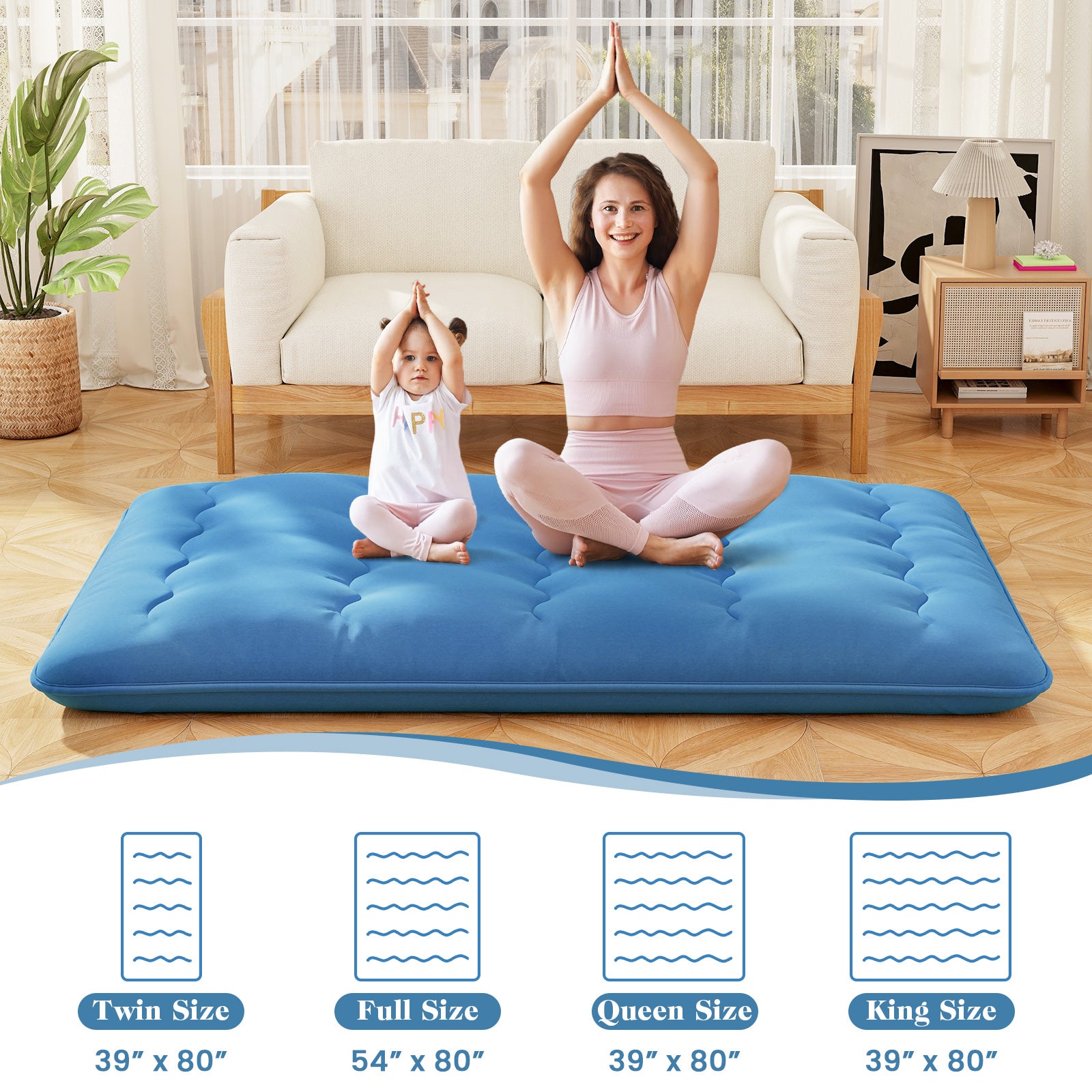 Foldable Futon Mattress with Washable Cover and Carry Bag for Camping Blue-Full Size, Blue Mattresses at Gallery Canada