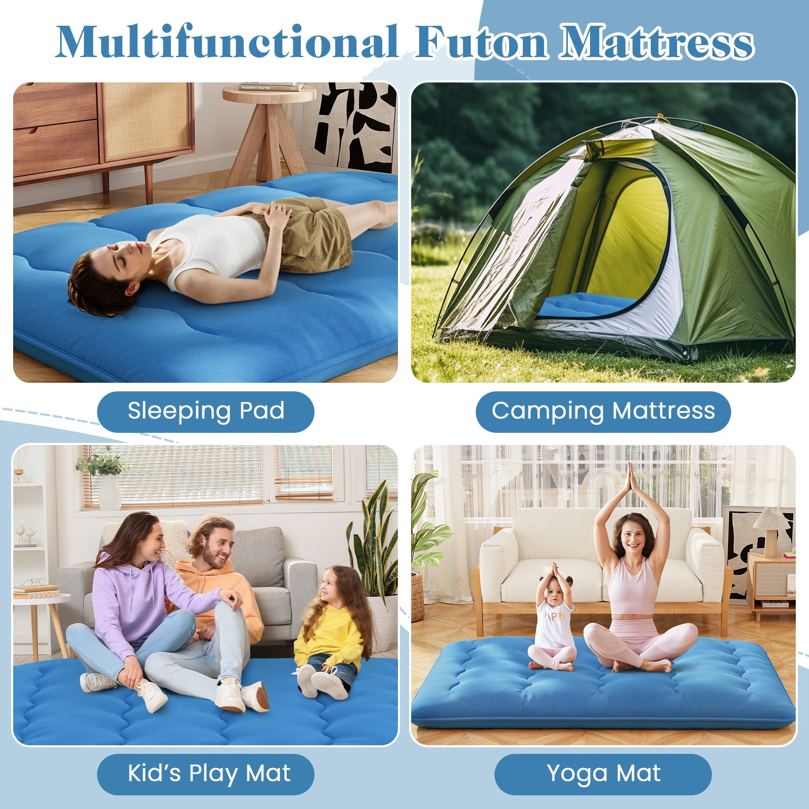 Foldable Futon Mattress with Washable Cover and Carry Bag for Camping Blue-Full Size, Blue Mattresses at Gallery Canada