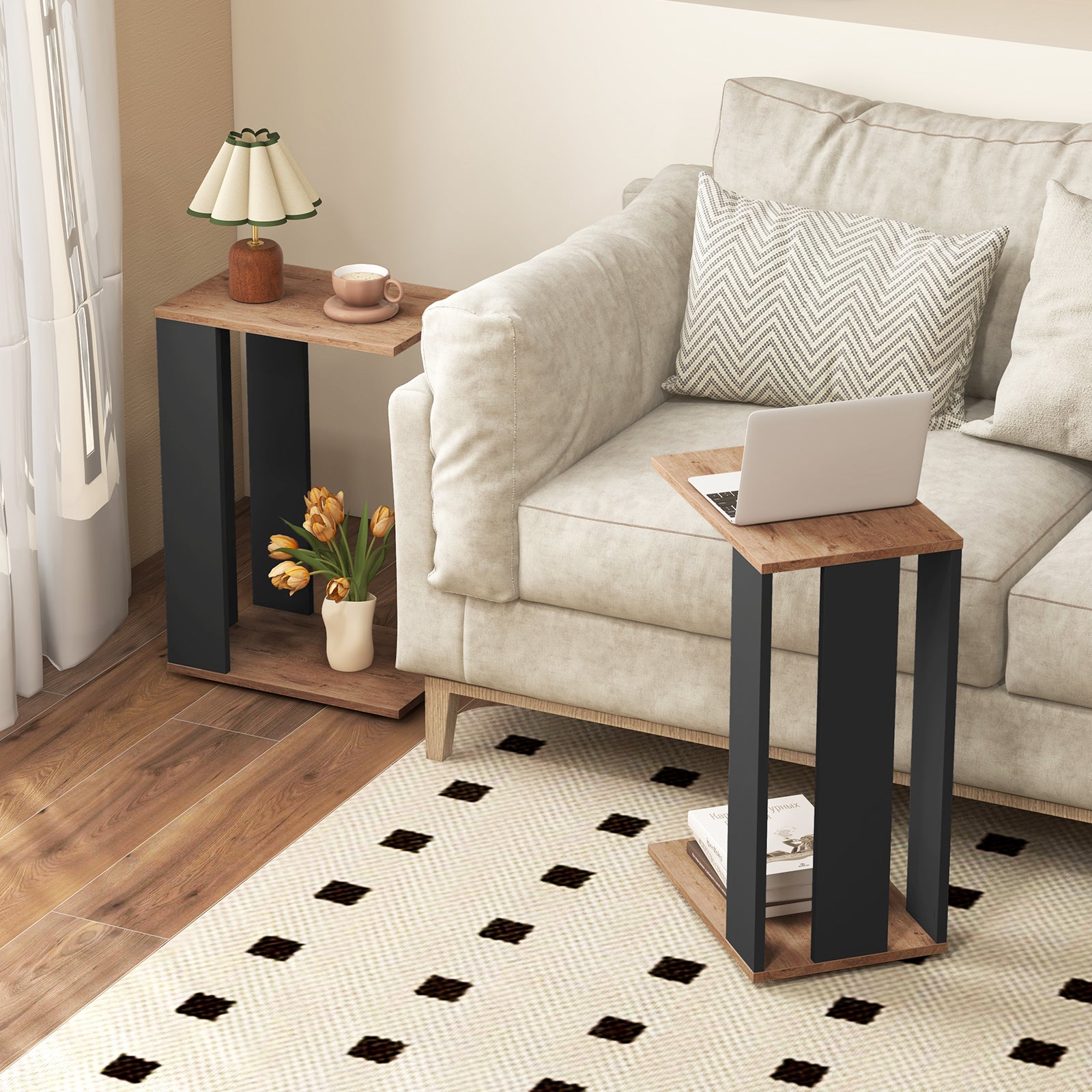 2-Tier C-Shaped Side Table with Universal Wheels and Shelf, Rustic Brown End & Side Tables at Gallery Canada