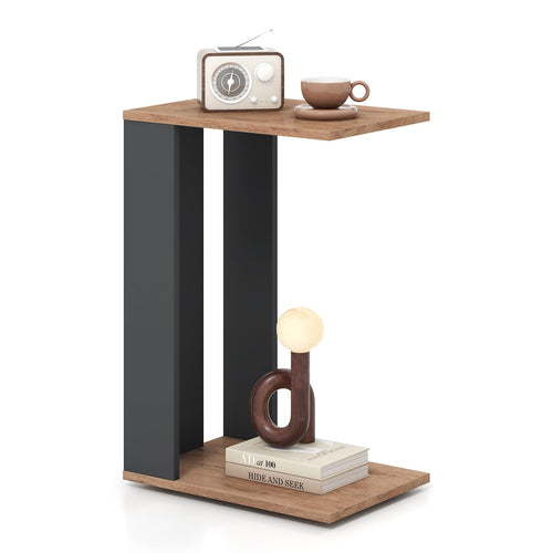 2-Tier C-Shaped Side Table With Universal Wheels, Shelf, Rustic Brown
