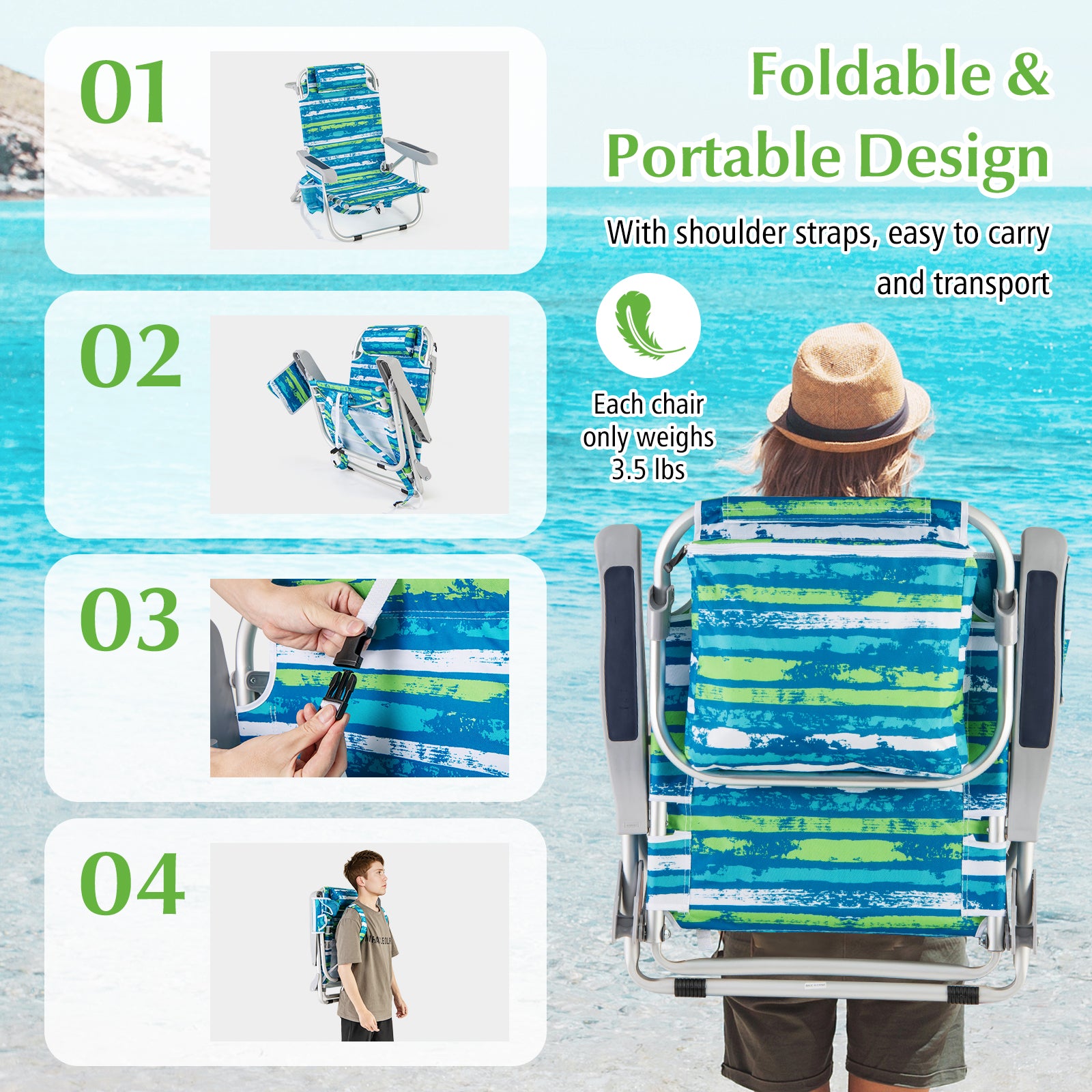 1 Piece Foldable Backpack Beach Chair with Cup Holder and Storage Pockets for Outdoor-Blue and Green, Blue & Green Beach & Lawn Chairs at Gallery Canada