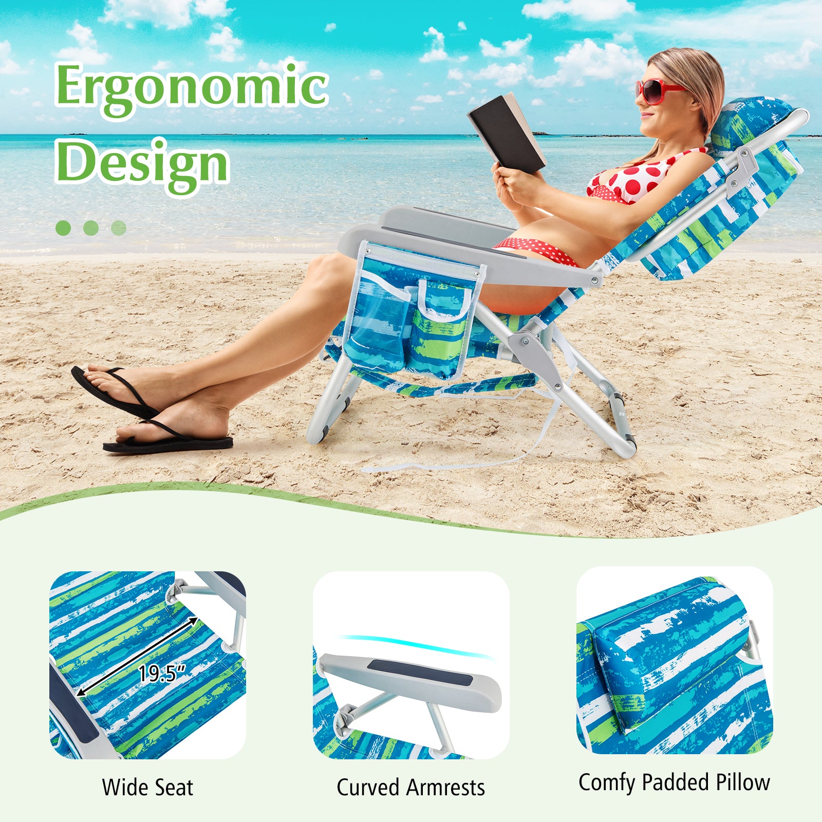 1 Piece Foldable Backpack Beach Chair with Cup Holder and Storage Pockets for Outdoor-Blue and Green, Blue & Green Beach & Lawn Chairs at Gallery Canada