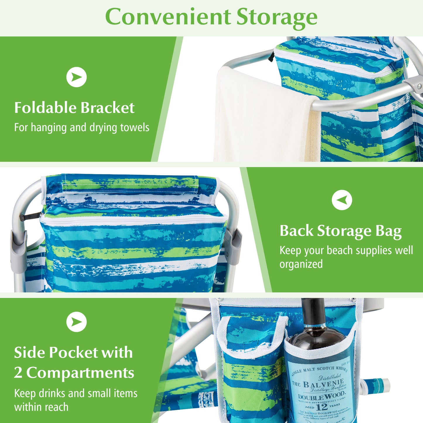 1 Piece Foldable Backpack Beach Chair with Cup Holder and Storage Pockets for Outdoor-Blue and Green, Blue & Green Beach & Lawn Chairs at Gallery Canada