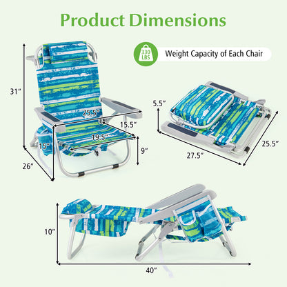 1 Piece Foldable Backpack Beach Chair with Cup Holder and Storage Pockets for Outdoor-Blue and Green, Blue & Green Beach & Lawn Chairs at Gallery Canada