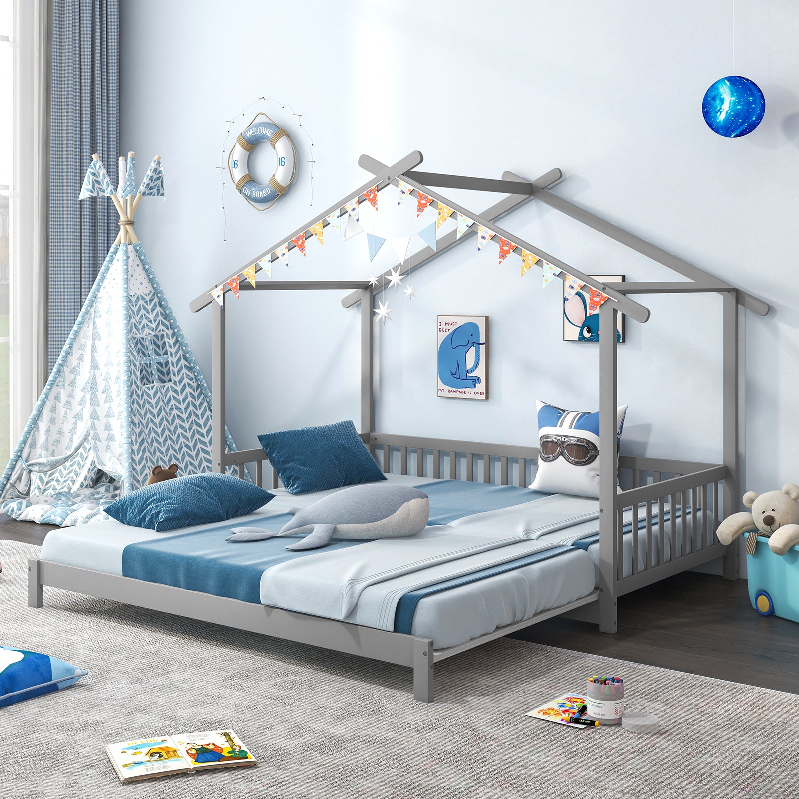 Extendable House Bed Twin to King Daybed with Roof and Fence Rails, Gray Trundle Bed Frame at Gallery Canada