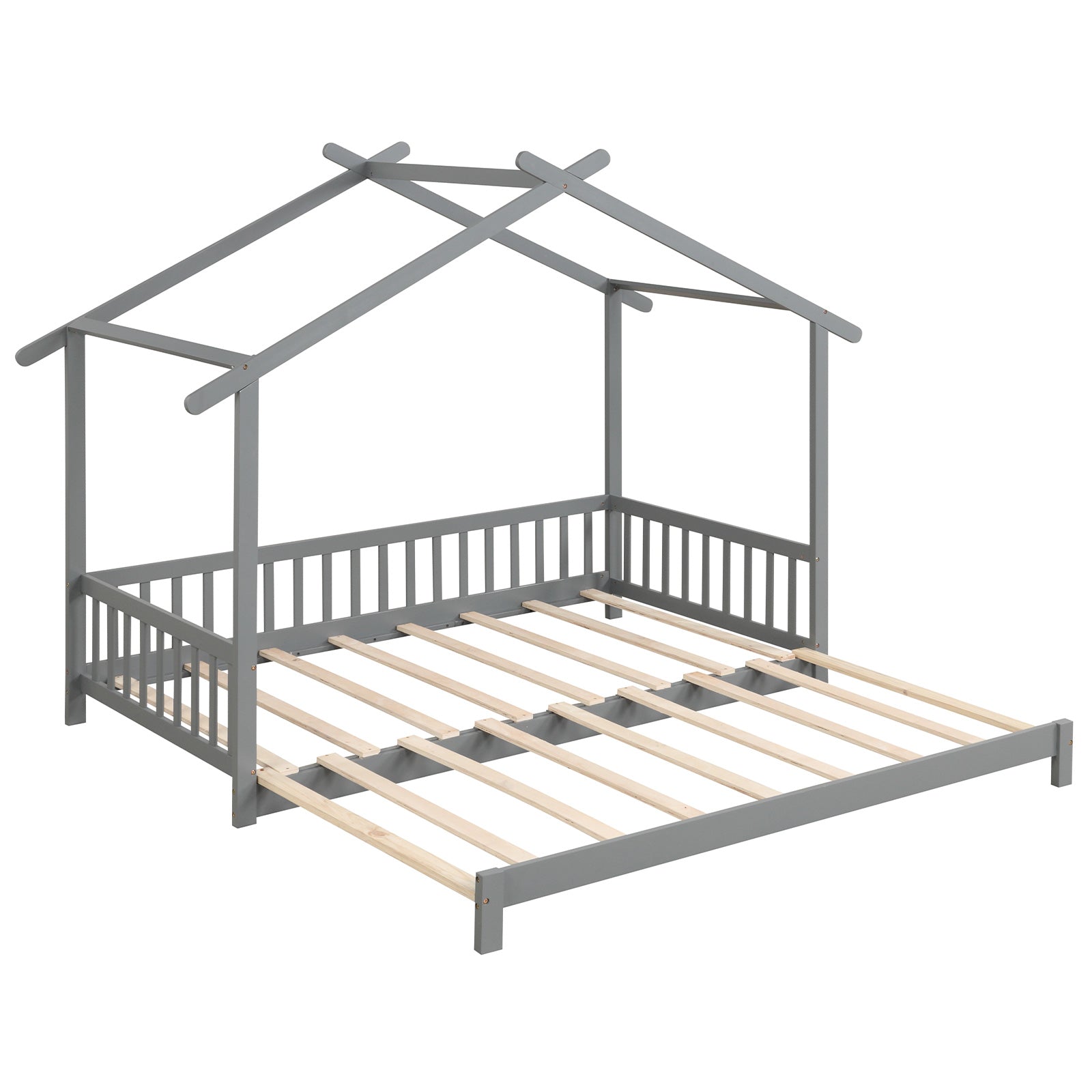 Extendable House Bed Twin to King Daybed with Roof and Fence Rails, Gray Trundle Bed Frame at Gallery Canada