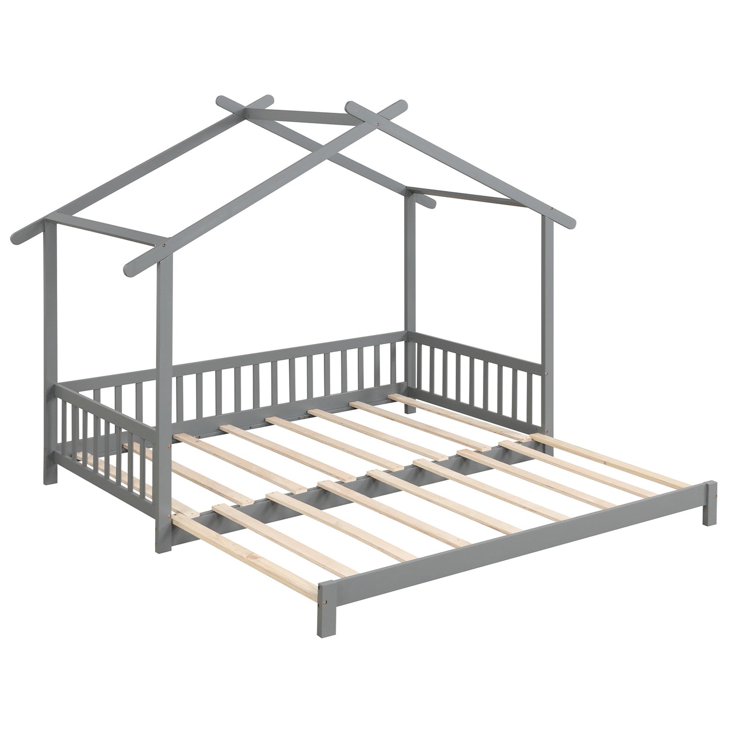 Extendable House Bed Twin to King Daybed with Roof and Fence Rails, Gray Trundle Bed Frame at Gallery Canada
