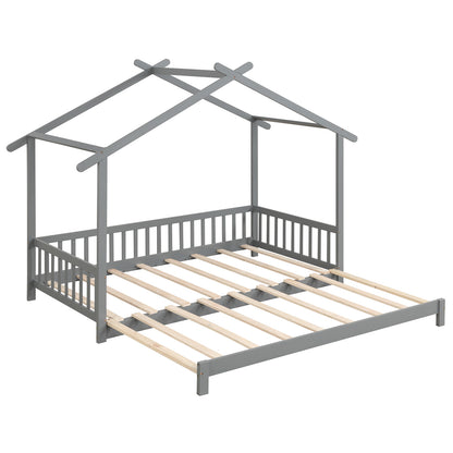 Extendable House Bed Twin to King Daybed with Roof and Fence Rails, Gray Trundle Bed Frame at Gallery Canada