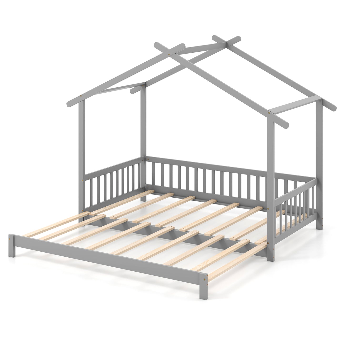 Extendable House Bed Twin to King Daybed with Roof and Fence Rails, Gray Trundle Bed Frame at Gallery Canada