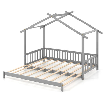 Extendable House Bed Twin to King Daybed with Roof and Fence Rails, Gray Trundle Bed Frame at Gallery Canada