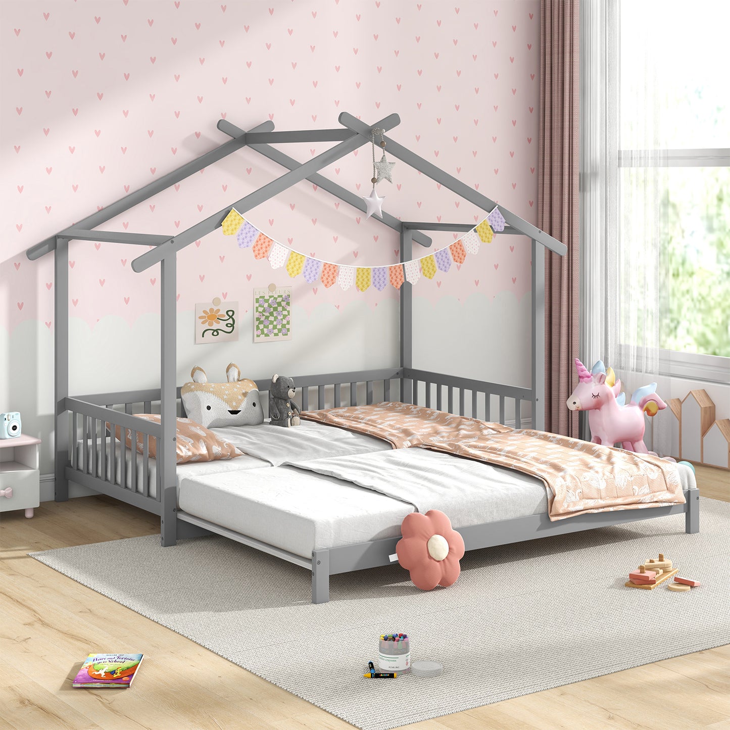 Extendable House Bed Twin to King Daybed with Roof and Fence Rails, Gray Trundle Bed Frame at Gallery Canada