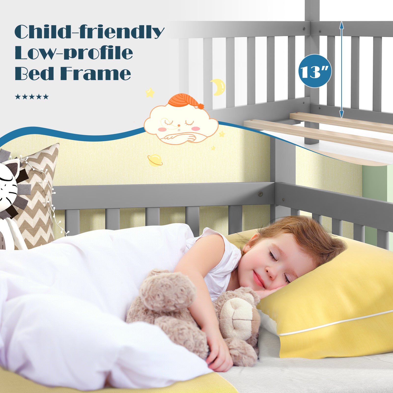 Extendable House Bed Twin to King Daybed with Roof and Fence Rails, Gray Trundle Bed Frame at Gallery Canada