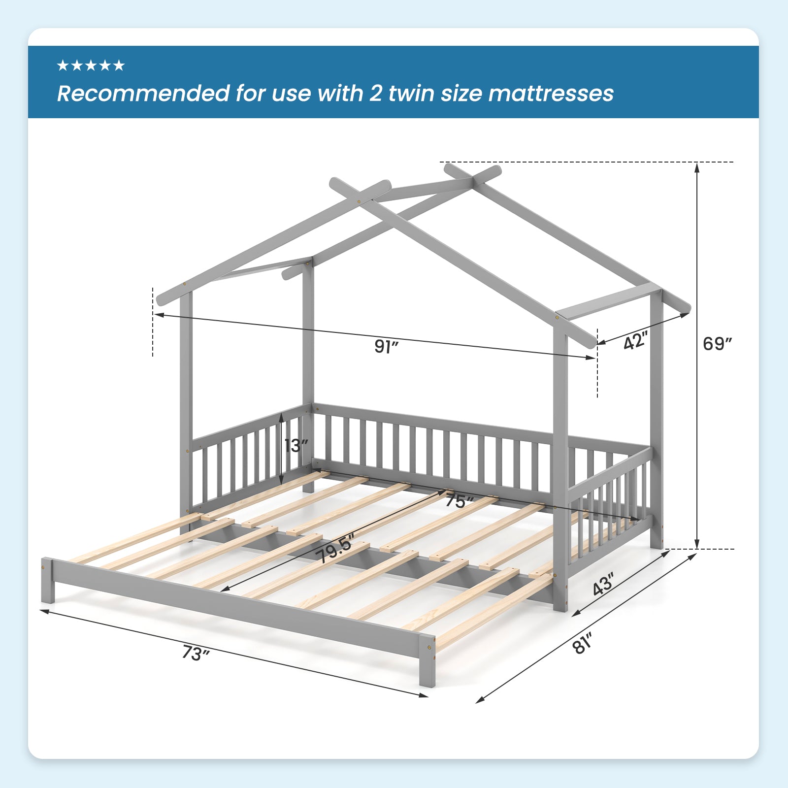 Extendable House Bed Twin to King Daybed with Roof and Fence Rails, Gray Trundle Bed Frame at Gallery Canada