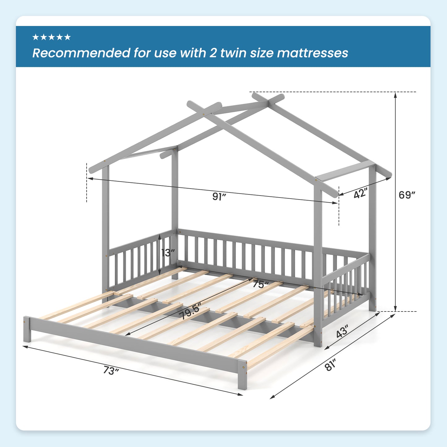 Extendable House Bed Twin to King Daybed with Roof and Fence Rails, Gray Trundle Bed Frame at Gallery Canada