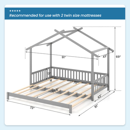 Extendable House Bed Twin to King Daybed with Roof and Fence Rails, Gray Trundle Bed Frame at Gallery Canada