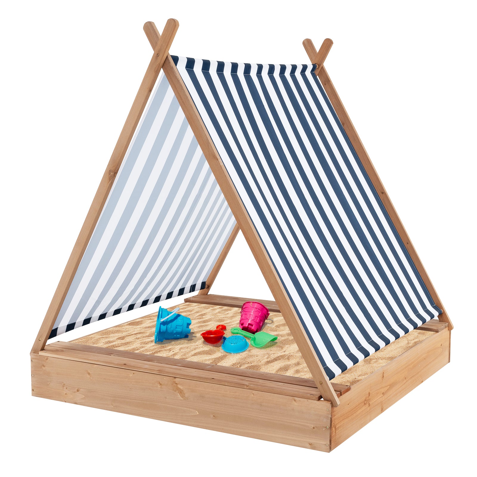 49 x 48 Inch Kids Wooden Sandbox with Cover and 2 Bench Seats, Natural Sandboxes Natural at Gallery Canada