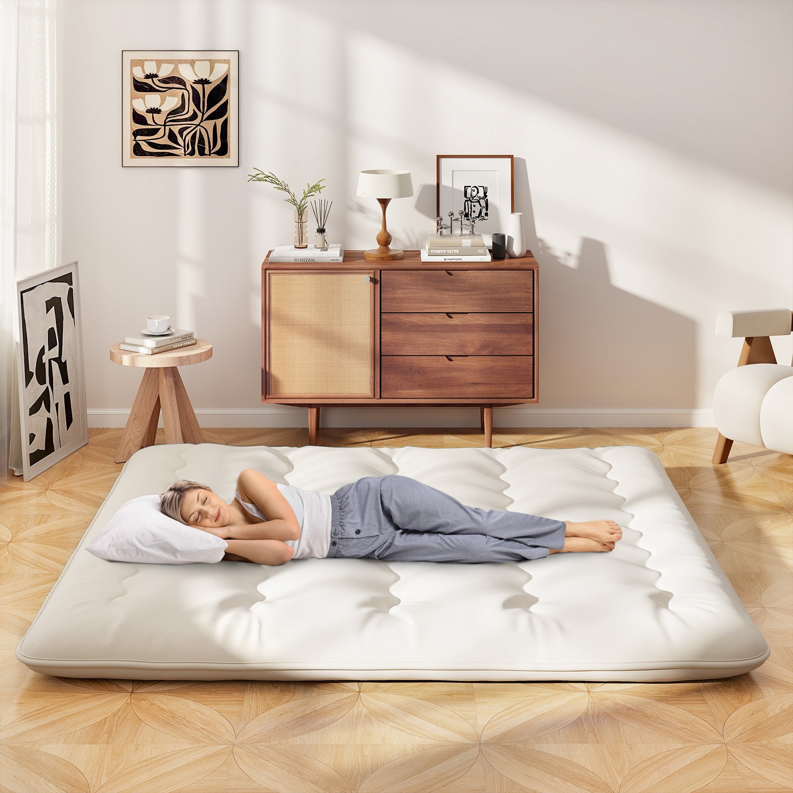 Queen/King/Twin/Full Futon Mattress Floor Sleeping Pad with Washable Cover Beige-King Size, Beige Mattresses at Gallery Canada