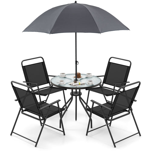 6 Pieces Patio Dining Set Folding Chairs Glass Table Tilt Umbrella for Garden, Gray