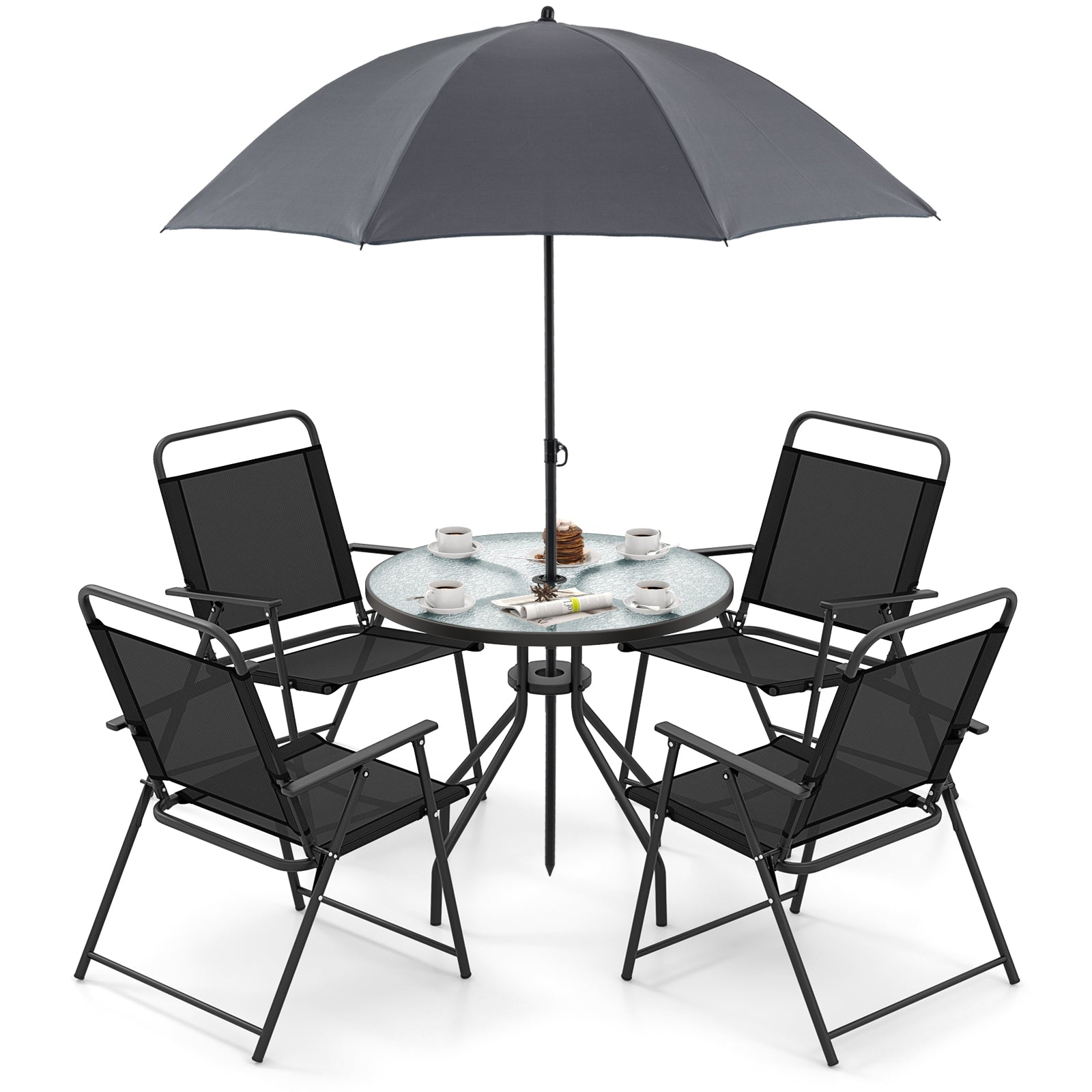 6 Piece Patio Dining Set, Folding Chairs, Glass Table, Tilt Umbrella, Gray Patio Dining Sets at Gallery Canada