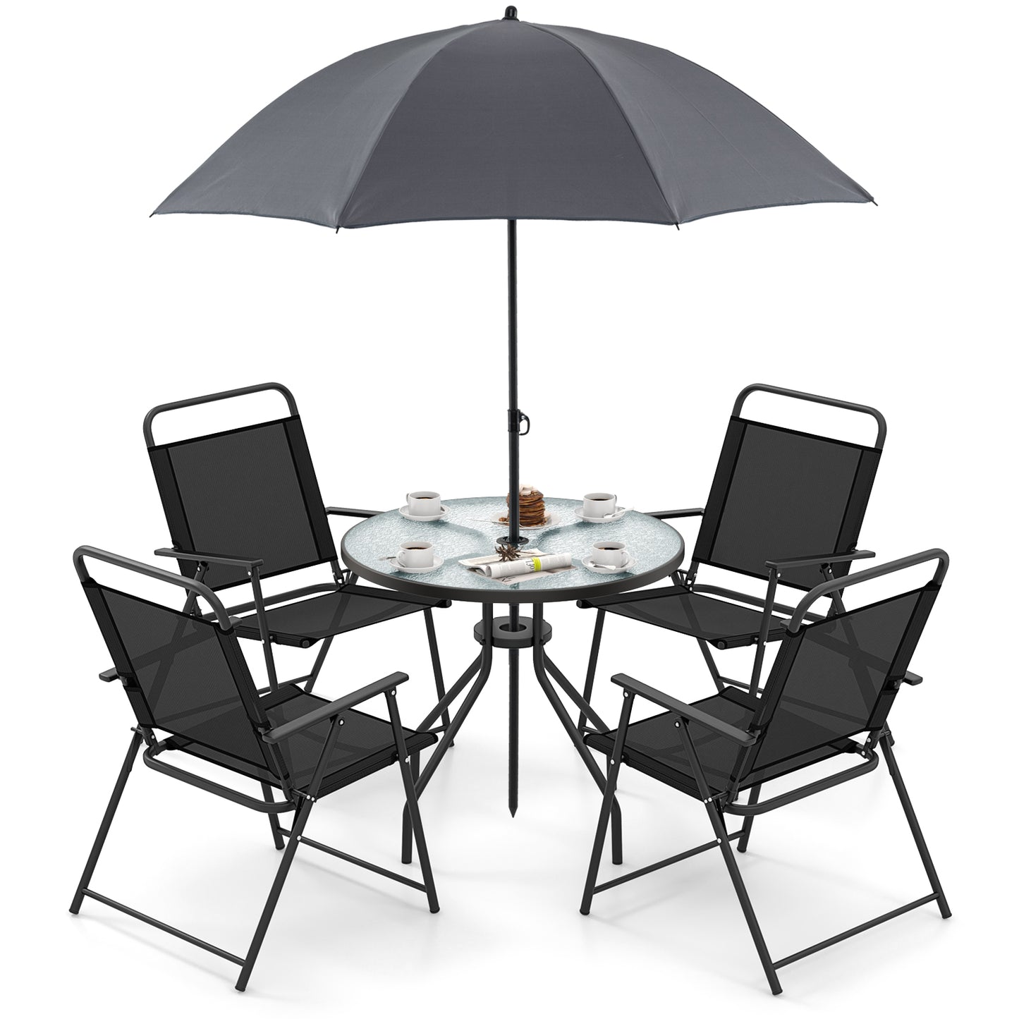 6 Pieces Patio Dining Set Folding Chairs Glass Table Tilt Umbrella for Garden, Gray Patio Dining Sets at Gallery Canada