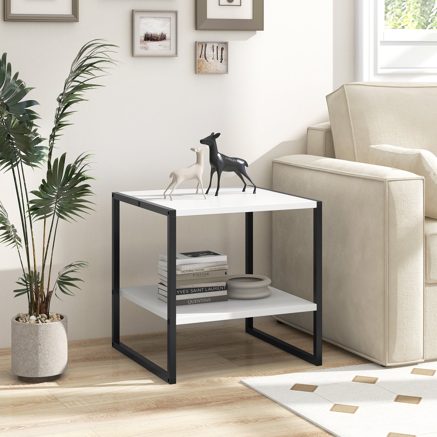 Table d'appoint carrée à 2 niveaux, Étagère de rangement, Design réversible, Blanc