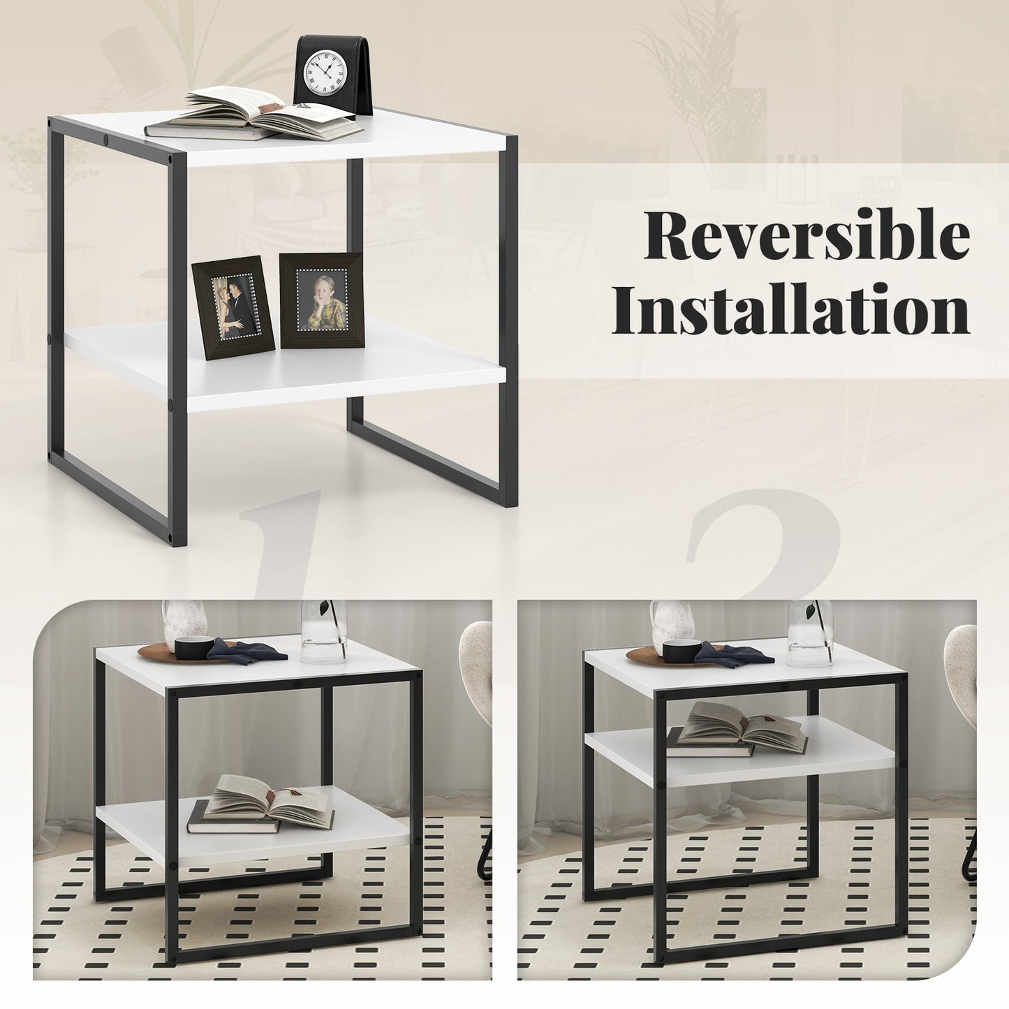 2-Tier Square End Table with Storage Shelf Reversible Design, White End & Side Tables at Gallery Canada