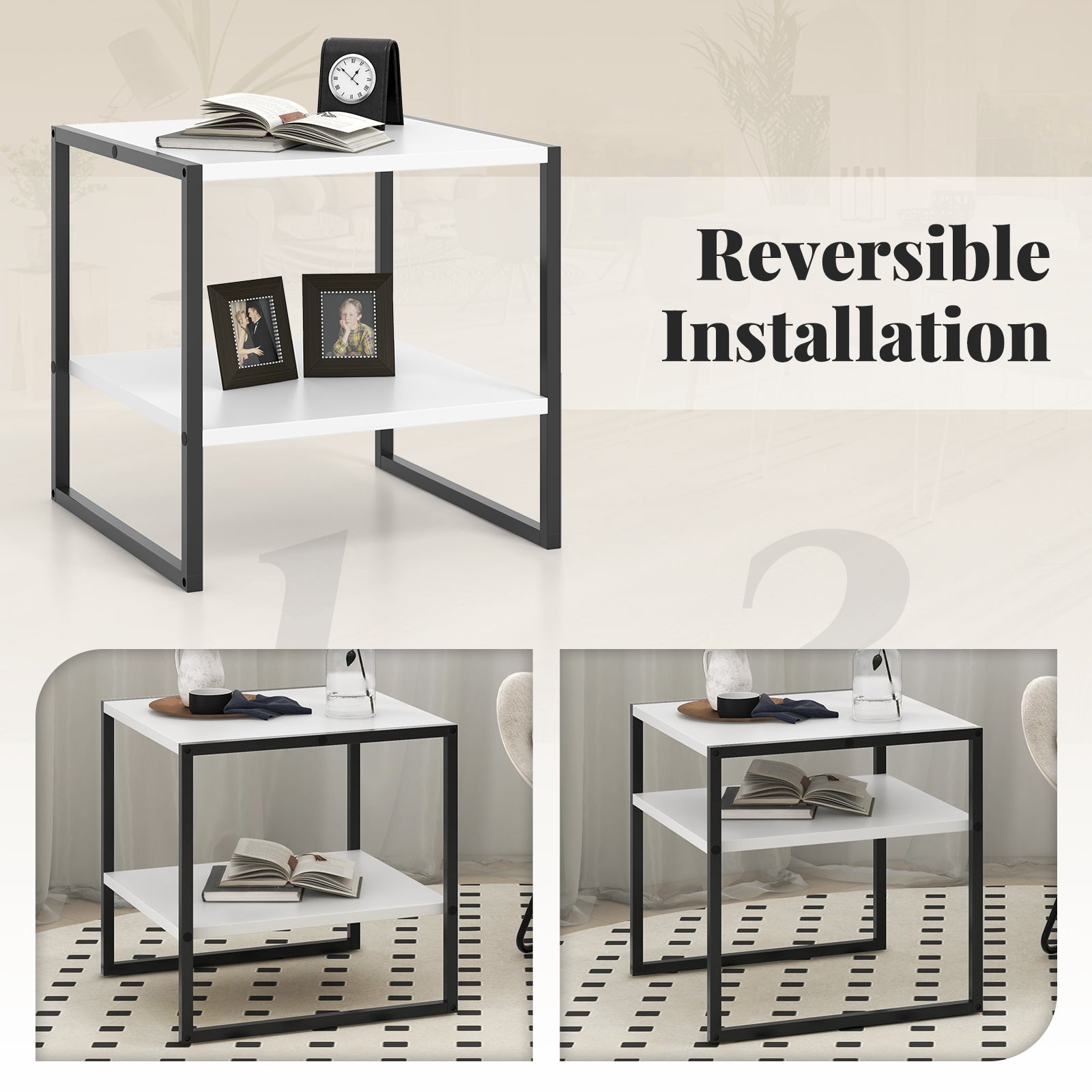 2-Tier Square End Table with Storage Shelf Reversible Design, White End & Side Tables at Gallery Canada