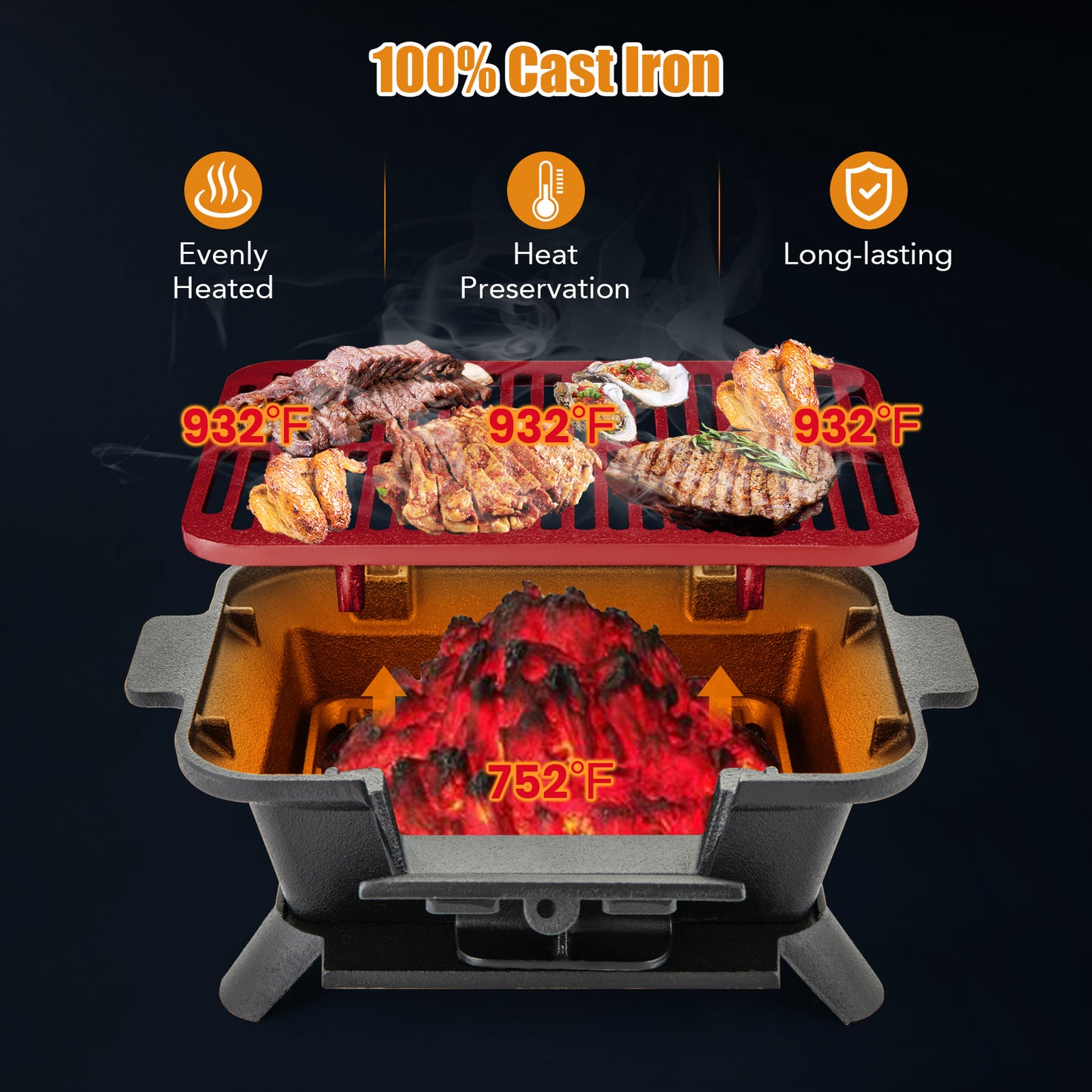 100% Cast Iron Hibachi Grill with Grill Grate Lifter, Black Outdoor Grills at Gallery Canada
