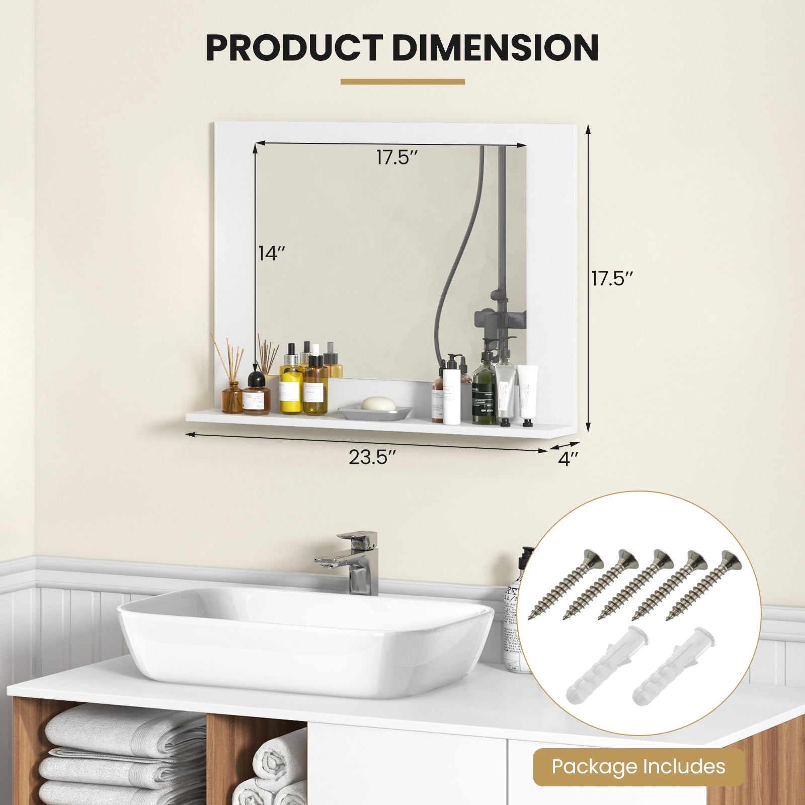 Rectangle Bathroom Mirror with Shelf 23.5 x 17.5 Inch and Wood Frame, White Wall Mirrors at Gallery Canada