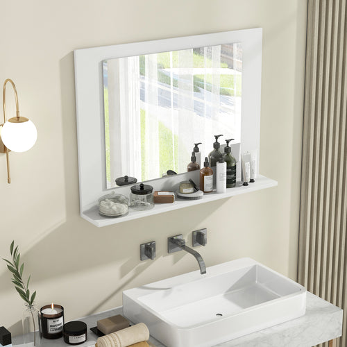 Rectangle Bathroom Mirror with Shelf 23.5 x 17.5 Inch and Wood Frame, White