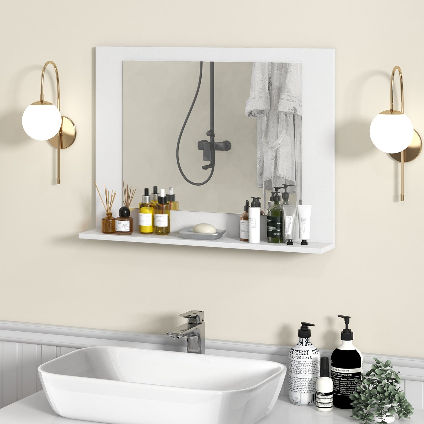 Rectangle Bathroom Mirror with Shelf 23.5 x 17.5 Inch and Wood Frame, White Wall Mirrors at Gallery Canada