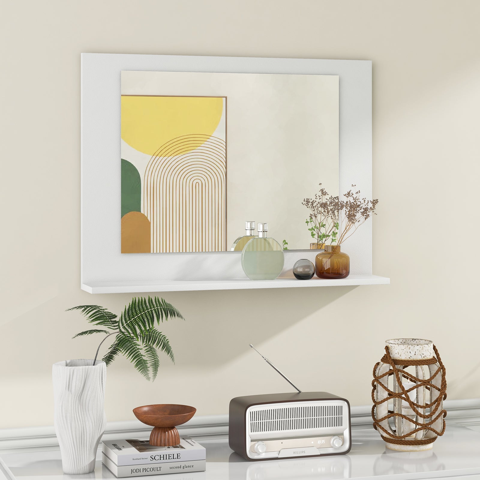 Rectangle Bathroom Mirror with Shelf 23.5 x 17.5 Inch and Wood Frame, White Wall Mirrors at Gallery Canada