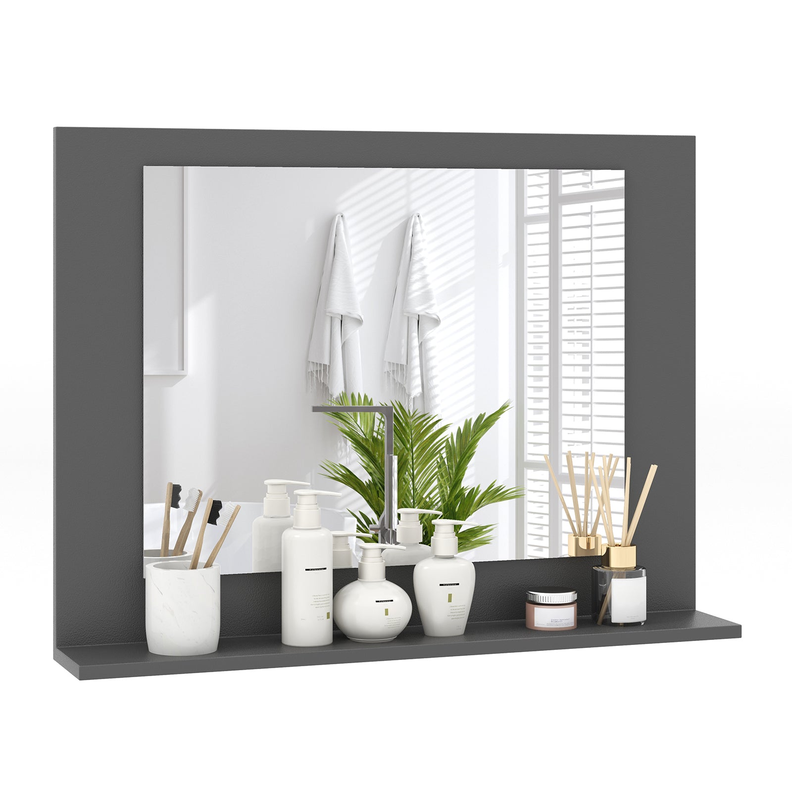 Rectangle Bathroom Mirror with Shelf 23.5 x 17.5 Inch and Wood Frame, Gray Wall Mirrors at Gallery Canada