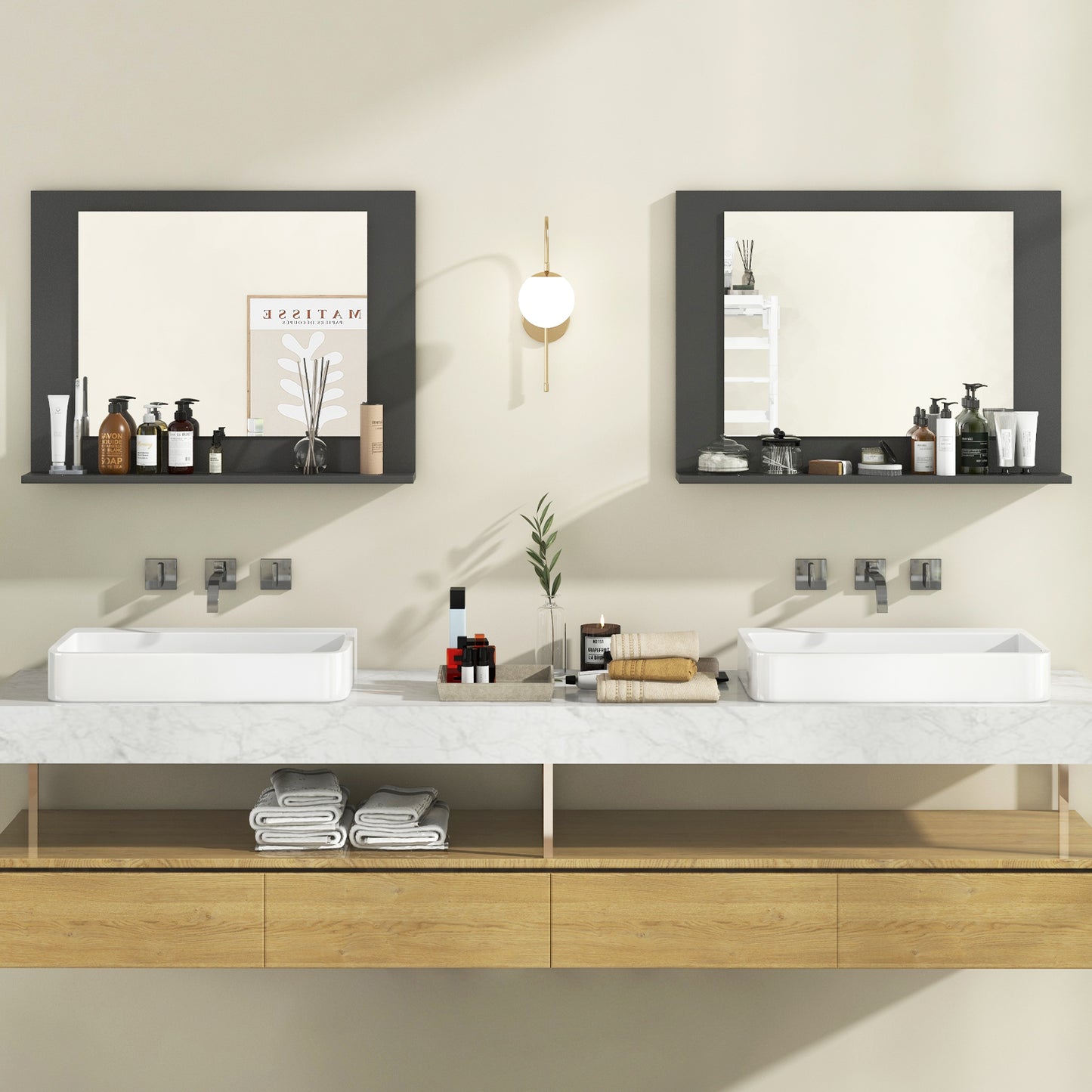 Rectangle Bathroom Mirror with Shelf 23.5 x 17.5 Inch and Wood Frame, Gray Wall Mirrors at Gallery Canada
