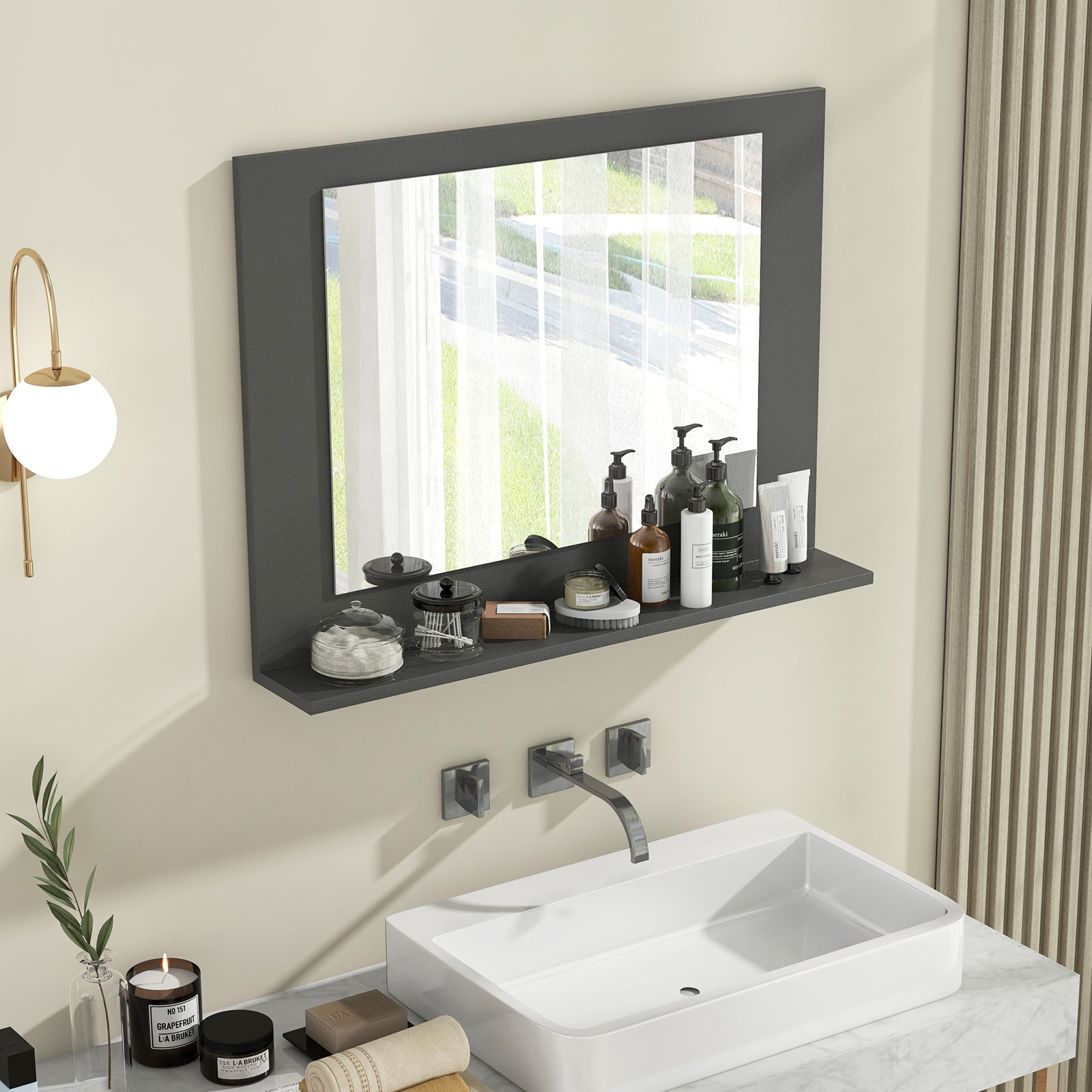 Rectangle Bathroom Mirror with Shelf 23.5 x 17.5 Inch and Wood Frame, Gray Wall Mirrors at Gallery Canada