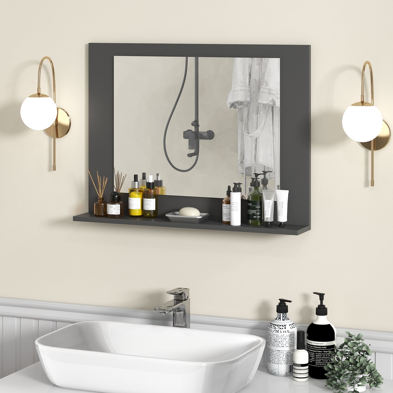 Rectangle Bathroom Mirror with Shelf 23.5 x 17.5 Inch and Wood Frame, Gray Wall Mirrors at Gallery Canada