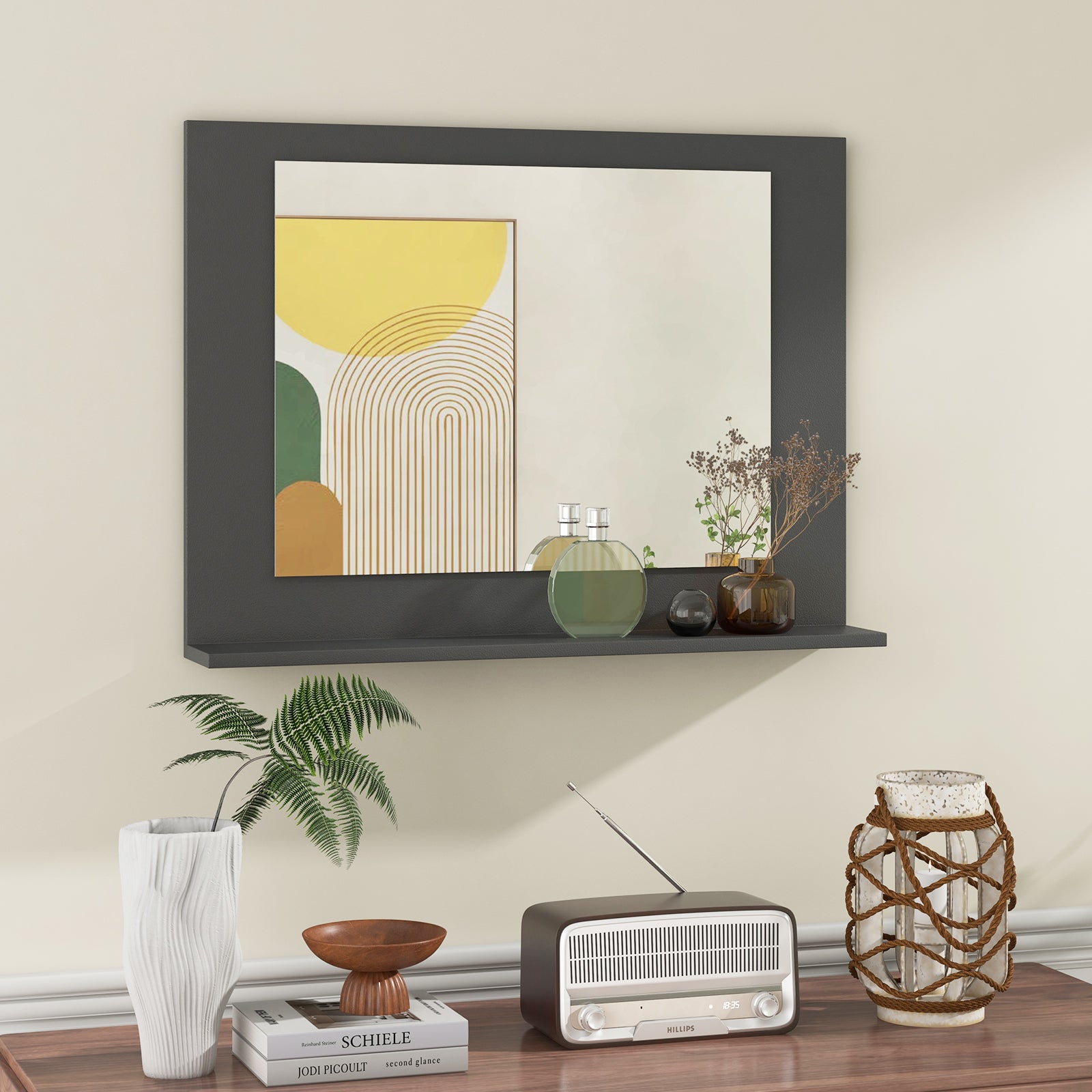 Rectangle Bathroom Mirror with Shelf 23.5 x 17.5 Inch and Wood Frame, Gray Wall Mirrors at Gallery Canada