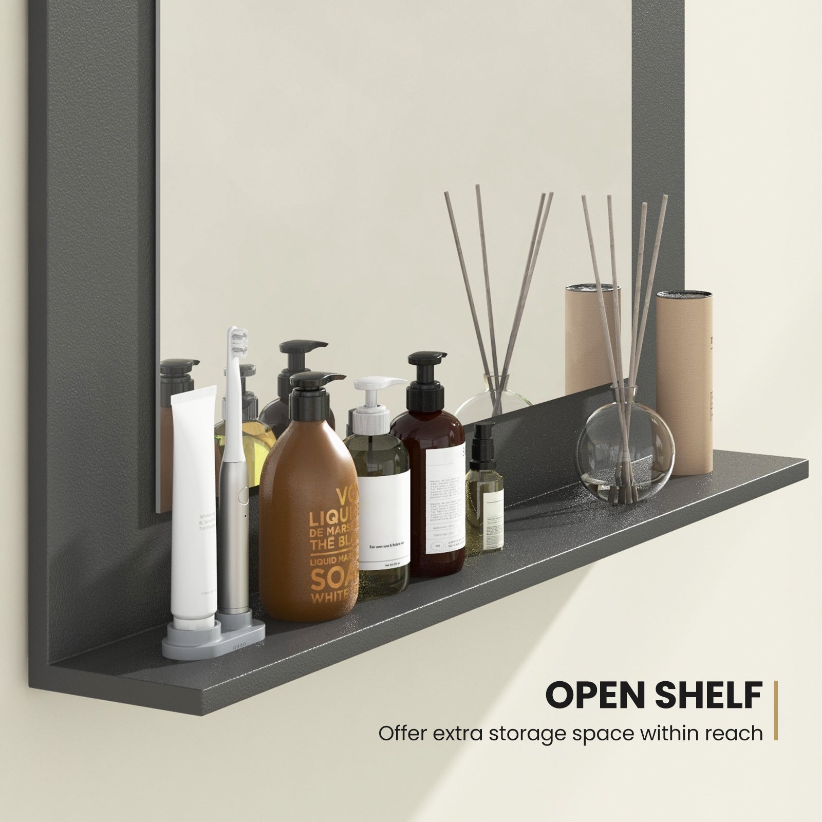 Rectangle Bathroom Mirror with Shelf 23.5 x 17.5 Inch and Wood Frame, Gray Wall Mirrors at Gallery Canada