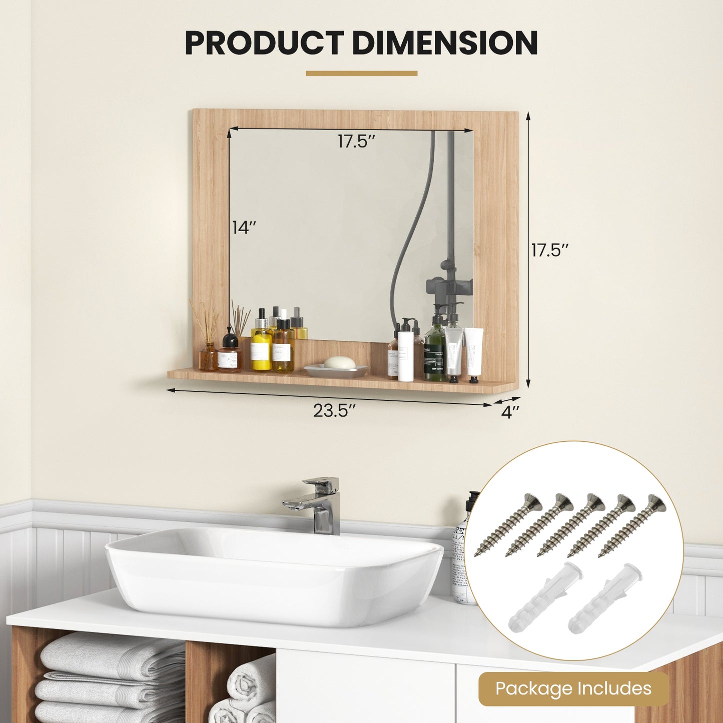 Rectangle Bathroom Mirror with Shelf 23.5 x 17.5 Inch and Wood Frame, Brown Wall Mirrors at Gallery Canada